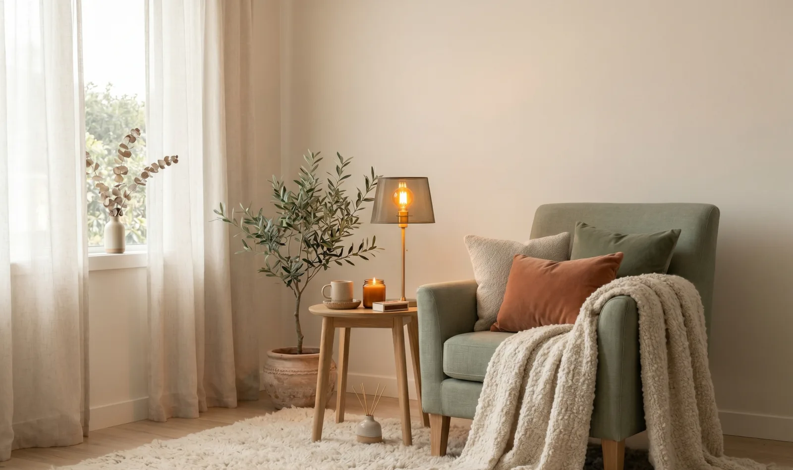 Ambiente sereno e acolhedor — poltrona, plantas e luz suave, evocando um espaço de cuidado tranquilo